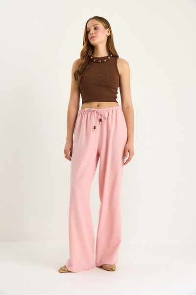 Bianco Lucci Γυναικείο λεπτό λινό καλοκαιρινό φαρδύ παντελόνι με δέσιμο στη μέση 3236 60281079