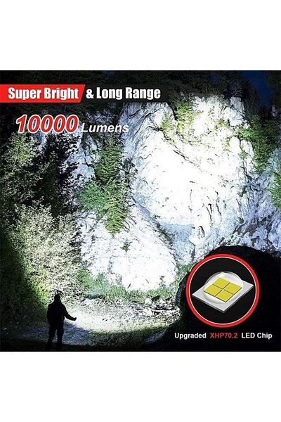 COOYA LED 10000 Lumens Flashlight XHP70.2 Rechargeable LED Flashlight IP67 Waterproof Zoomable Tactical