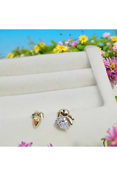 Yaseminli Butik Gold Renk Tavşan Ve Havuç Şekilli Taş Detaylı Vidalı Çocuk Küpe