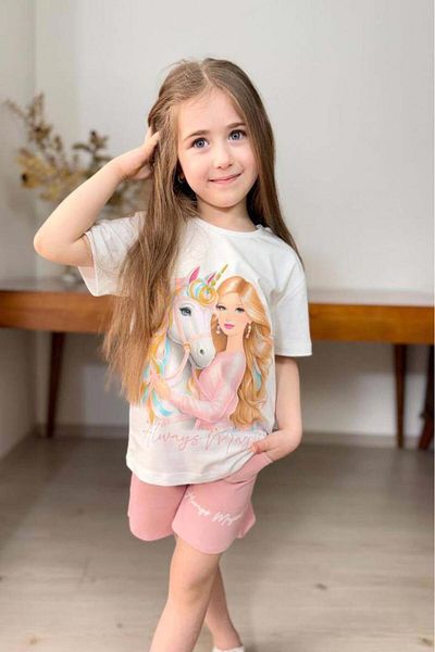 Riccotarz Set tricou din bumbac pieptănat cu imprimeu digital pentru bebeluși și cal pentru fete, cu pantaloni scurți pudră