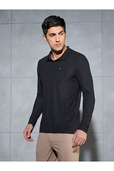 Technosport By Styli Solid Long Sleeve Polo T-Shirt with Pocket
