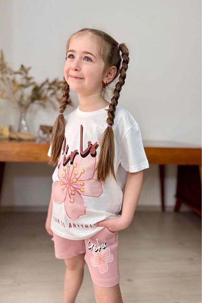 Riccotarz Set tricou din bumbac pieptănat imprimat cu flori și scris pentru fete cu pantaloni scurți pudră