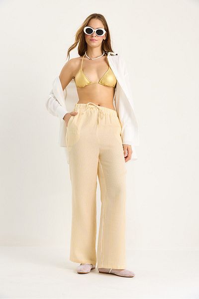 Bianco Lucci Women's Elastic Waist Pocket Detailed Striped Muslin Palazzo Trousers 60281077