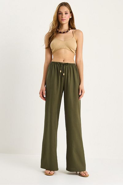 Bianco Lucci Women's Waist Tie Thin Linen Summer Loose Trousers 3236 60281079