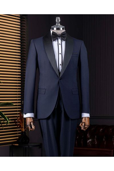 TerziAdemAltun Italian Style Slim Fit Shawl Collar Jacket Vest Pants Groom Suit Set Navy Blue T14260