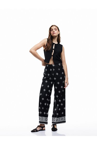Koton Embroidery Detailed Regular Waist Wide Leg Trousers