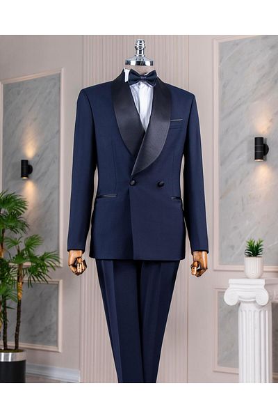 TerziAdemAltun Italian Style Slim Fit Shawl Collar Jacket Pants Groom Suit Set Navy Blue T14286