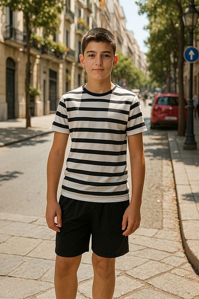 LePold Boy's Stripe Patterned T-Shirt and Black Shorts Set
