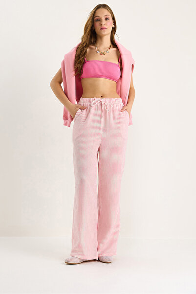 Bianco Lucci Women's Elastic Waist Pocket Detailed Striped Muslin Palazzo Trousers 60281077