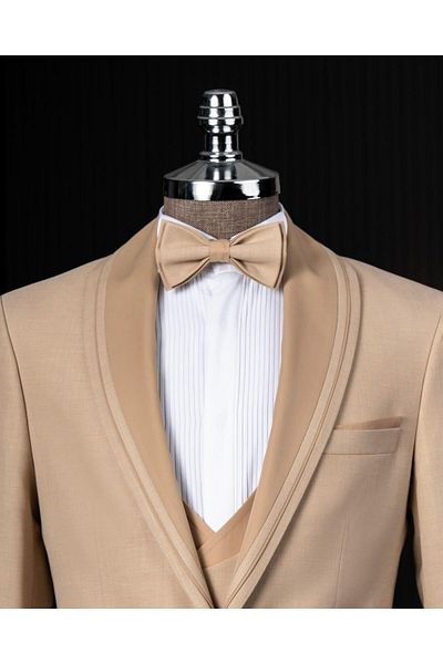 TerziAdemAltun Italian Style Shawl Collar Jacket Vest Pants Groom Suit Set Beige T14269