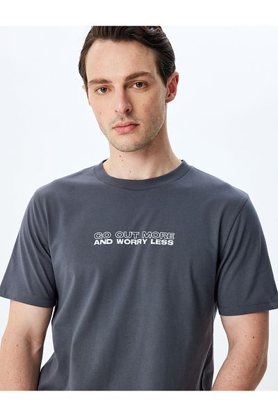 Koton Crew Neck Slim Fit Short Sleeve Cotton Slogan Printed T-Shirt