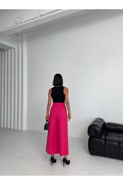 OUZ Fashion Women's Linen Buckle Detailed Ankle Length Wide Leg Trousers