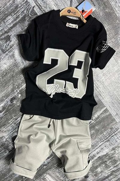 Riccotarz Boys' Number Printed Combed Cotton T-Shirt Cargo Pocket Shorts Set