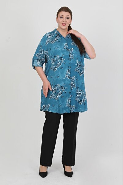 By Alba Collection Women's Indigo Patterned Cotton Viscose Large Size Tunic