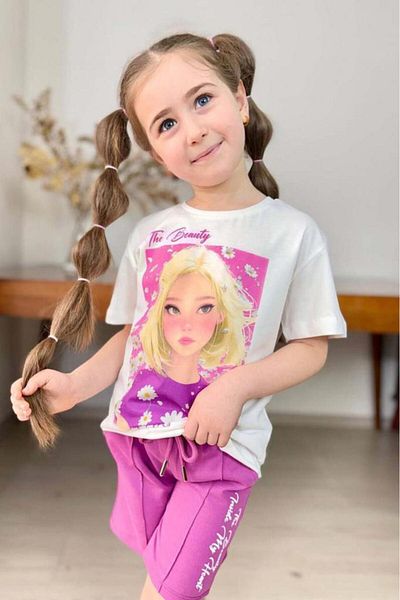 Riccotarz Set tricou din bumbac pieptănat imprimat cu scrisoare Daisy și frumusețea pentru fete cu pantaloni scurți violet