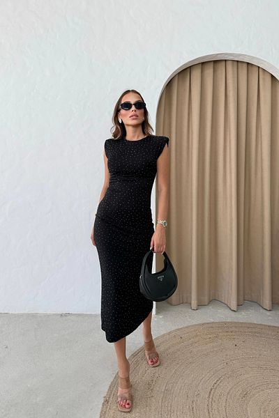 MOZENA Padded Stone Detailed Long Pencil Dress with Slit on the Back