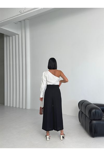 OUZ Fashion Women's Linen Buckle Detailed Ankle Length Wide Leg Trousers