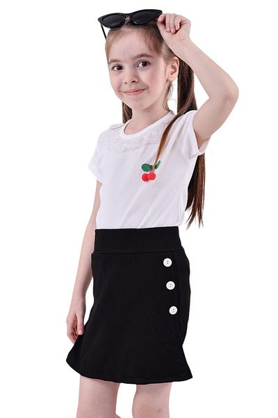 ERDEM KIDS Girl's T-Shirt Collar Lace Cherry and Button Detailed Shorts Skirt Blouse Summer Double Set