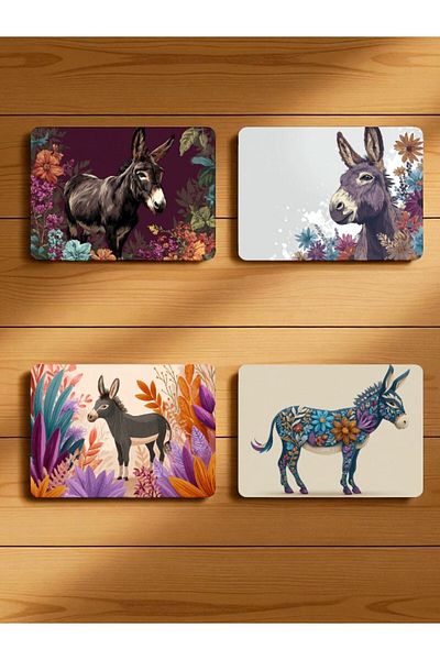 lili hediyelik Donkey and Flower Printed Mousepad Set of 4 Mouse Pads 17X21 cm