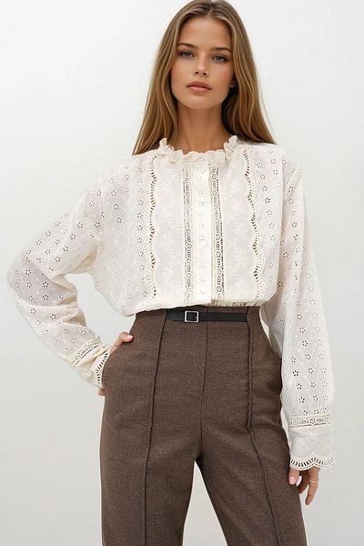 VAGGON Cămașă Fisto brodată cu broderie cu volane pentru femei Ecru Prmx13356