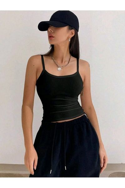 Stail Moda Women's Ribbed Look Basic Black Undershirt with Ip Strap