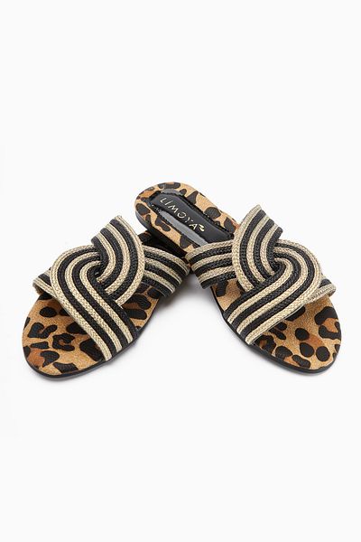 Limoya Nihaal Gold Leopard Cross Strap Flat Sole Women's Slippers