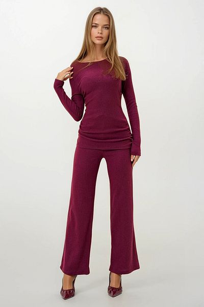 VAGGON Women's Burgundy Boat Neck Side Draped Interlock Fabric Blouse and Trousers Set Prmx13076