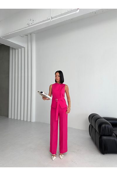 OUZ Fashion Women's Linen Asymmetrical Vest Pants Double Suit