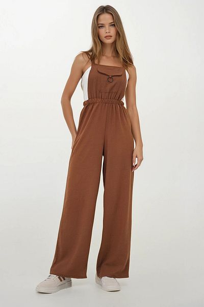 VAGGON Women's Bitter Brown Front Pocket Strap Ring Detailed Aerobin Salopet Trousers Prmx13581