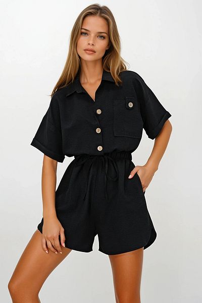 VAGGON Women's Black Shirt Collar Double Pocket Shorts Jumpsuit Prmx11611