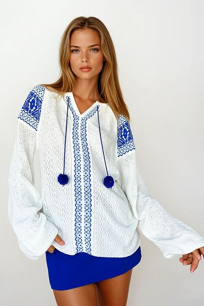 VAGGON Women's Blue Ethnic Patterned Pompom Knitwear Sweater Prmx11001