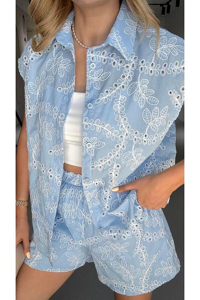 Sezgi Tekin Fisto Detail Shorts Vest Baby Blue Set