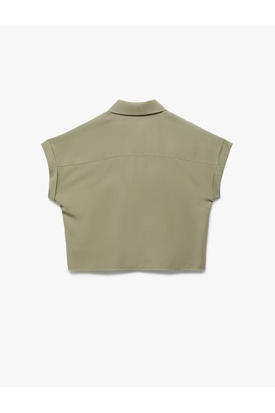 Koton Viscose Fabric Cap Sleeve Classic Collar Pocket Crop Shirt