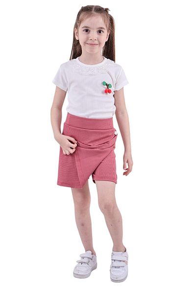 ERDEM KIDS Girl's T-Shirt Collar Lace Cherry and Button Detailed Shorts Skirt Blouse Summer Double Set