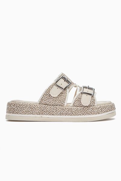 Limoya Madina Beige Double Striped Belted Women's Slippers