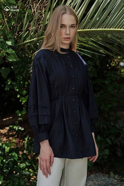Hooopstore Πουκάμισο με ραβδώσεις βαμβακερό Voile Navy Blue