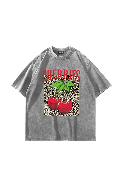 Sekizbiraltı Cherries Leopard Printed Oversize Unisex Πλενόμενο λευκό μπλουζάκι