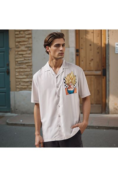 SP Characters Goku Print Relaxed Fit Shirt with Camp Collar and Short Sleeves