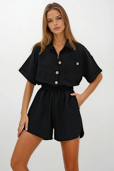 VAGGON Women's Black Shirt Collar Double Pocket Shorts Jumpsuit Prmx11611