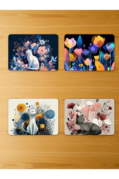 lili hediyelik Cat and Flower Printed Mousepad Set of 4 Mouse Pads 17X21 cm