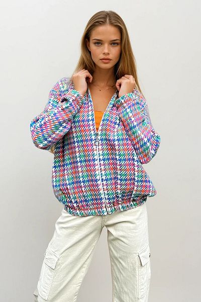 VAGGON Women's Blue Patterned Zippered Elastic Waist Seasonal Bomber Jacket Prmx10775