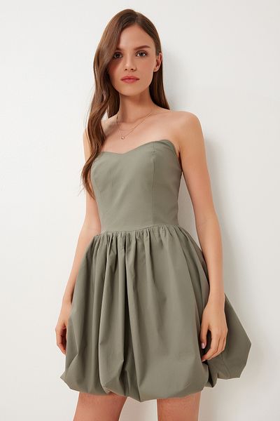 Lovelyİstanbul Super Mini Woven Balloon Dress Khaki Lfn0100