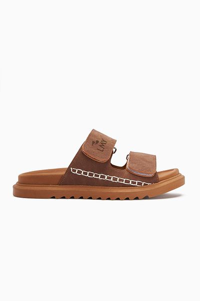 Limoya Yumi Tan Embroidery Detailed Double Striped Women's Slippers