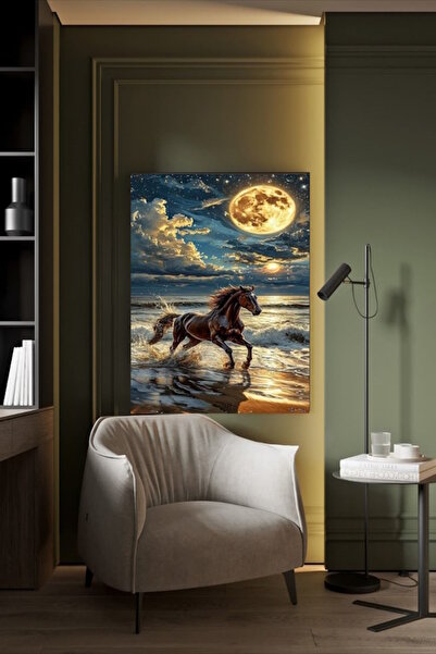 MOON VIEW SEA RUNNING HORSE CANVAS PAINTING HOME WALL LIVING ROOM OFFICE SHOP GIFT DECORATION ORNAMENT