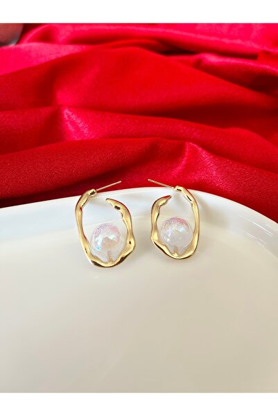 Butik İncili Halka Gold Çelik Küpe