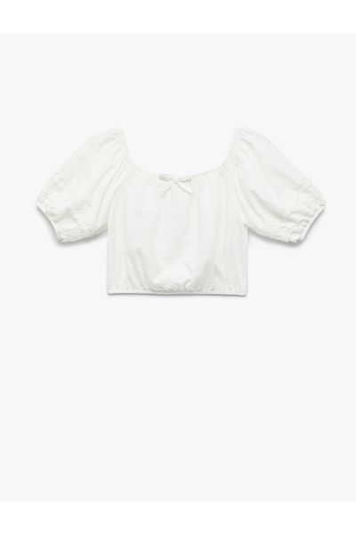 Koton Lace Detailed Short Sleeve Boat Neck Viscose Blend Blouse