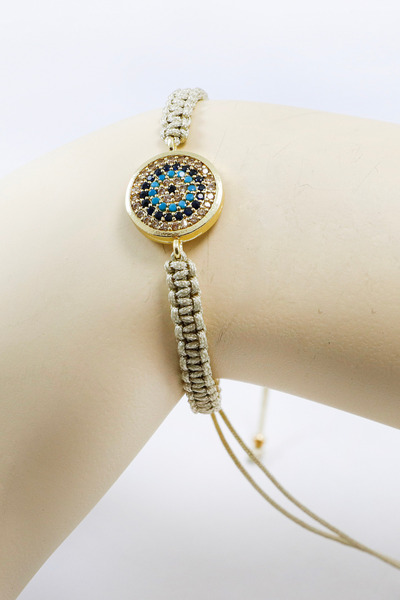 biuti Beige Colored Elevator Gold Zircon Stone Evil Eye Bracelet, Gift Bracelet