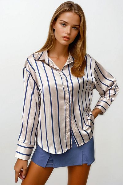 VAGGON Women's Beige Striped Satin Woven Shirt Vgn-X10069