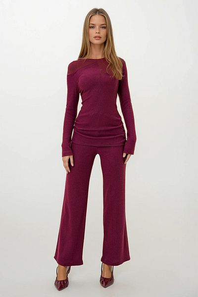 VAGGON Women's Burgundy Boat Neck Side Draped Interlock Fabric Blouse and Trousers Set Prmx13076