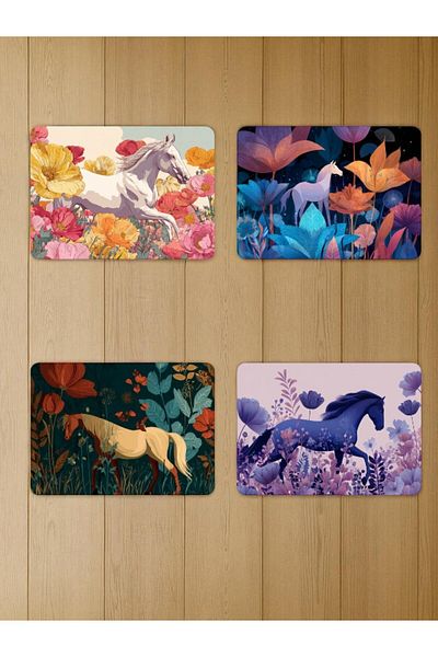 lili hediyelik Horse and Flower Printed Mousepad Set of 4 Mouse Pads 17X21 cm